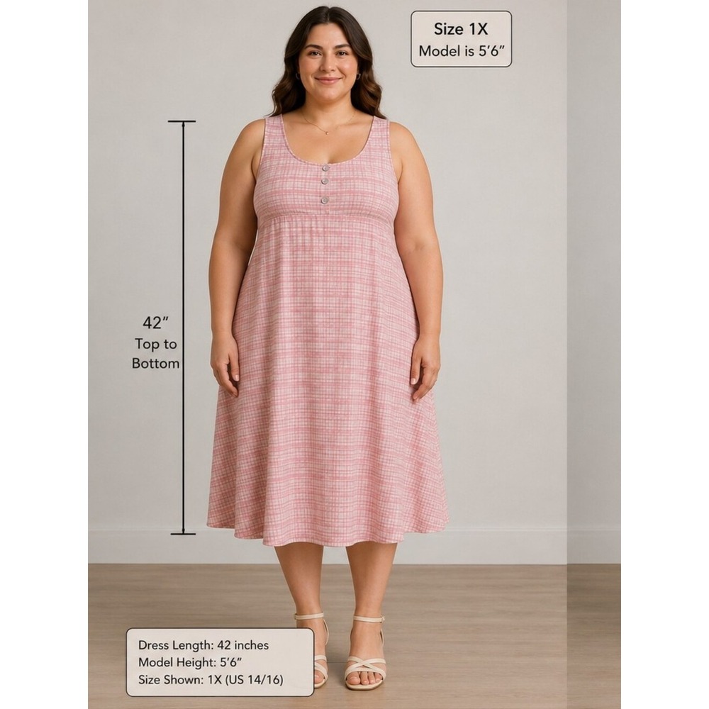 Pink Plaid Sleeveless Button Front A-Line Dress 1XL US 14/16
